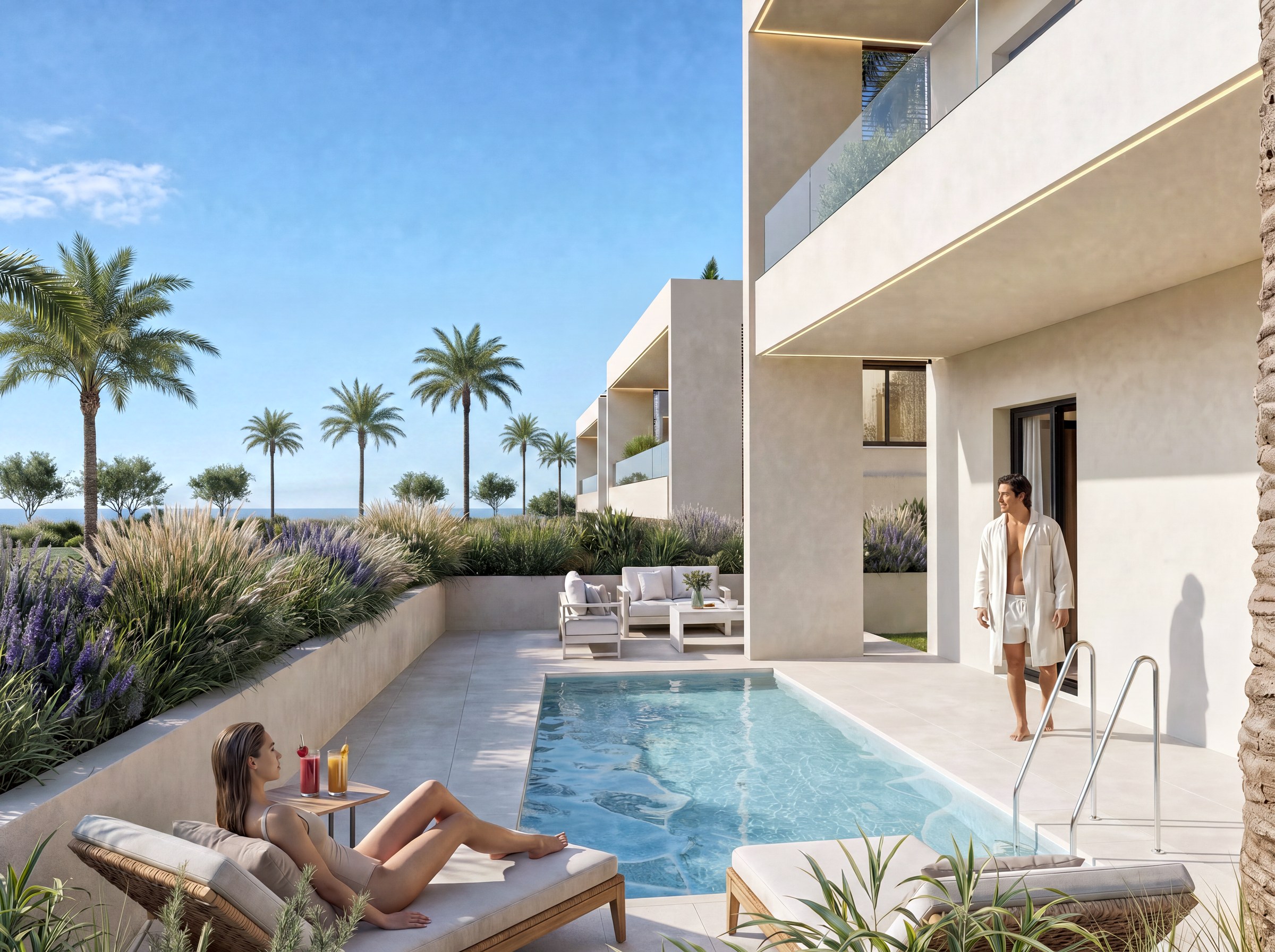 Exterior view of the Seven Rocks Residence buildings and their private terraces